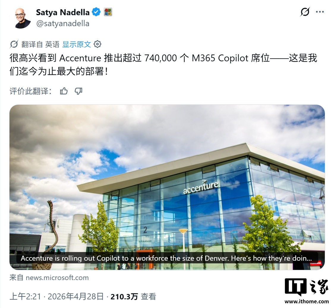 賭博:納德拉:微軟 M365 Copilot 付費企業蓆位超 2000 萬個,周活躍度持平 Outlook